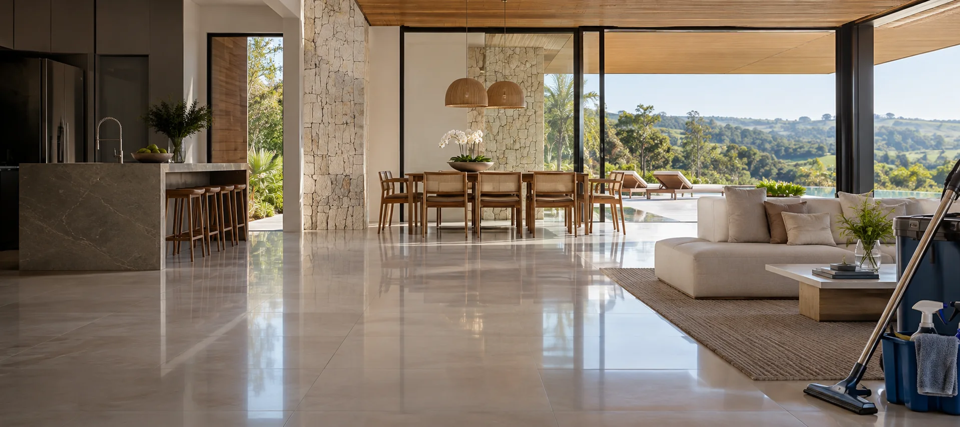 Ambiente contemporâneo com piso limpo após serviço profissional
