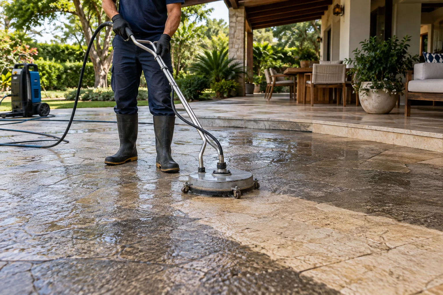 Equipamento profissional lavando pedras em uma área externa residencial